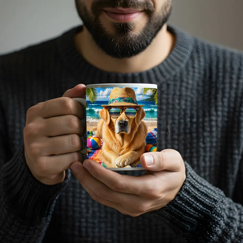 Golden Retriever Wearing Sunglasses on Beach – Mugs