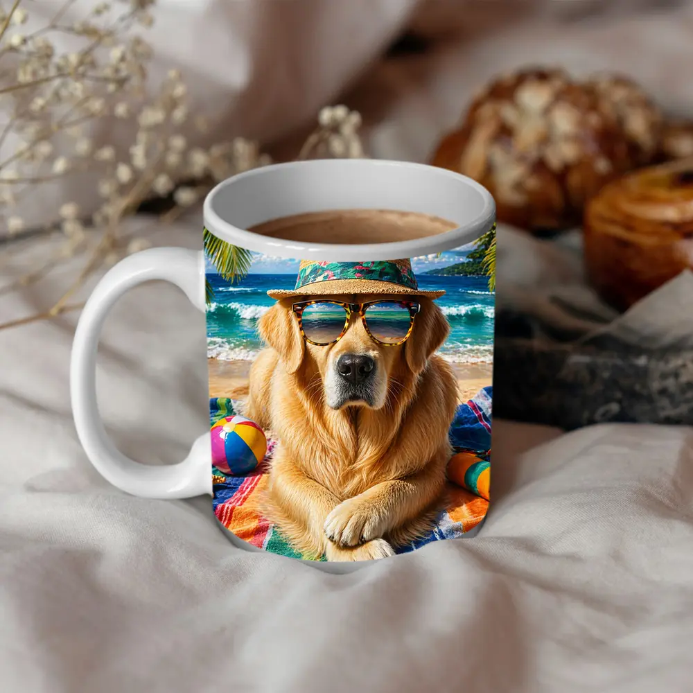 Golden Retriever Wearing Sunglasses on Beach – Mugs