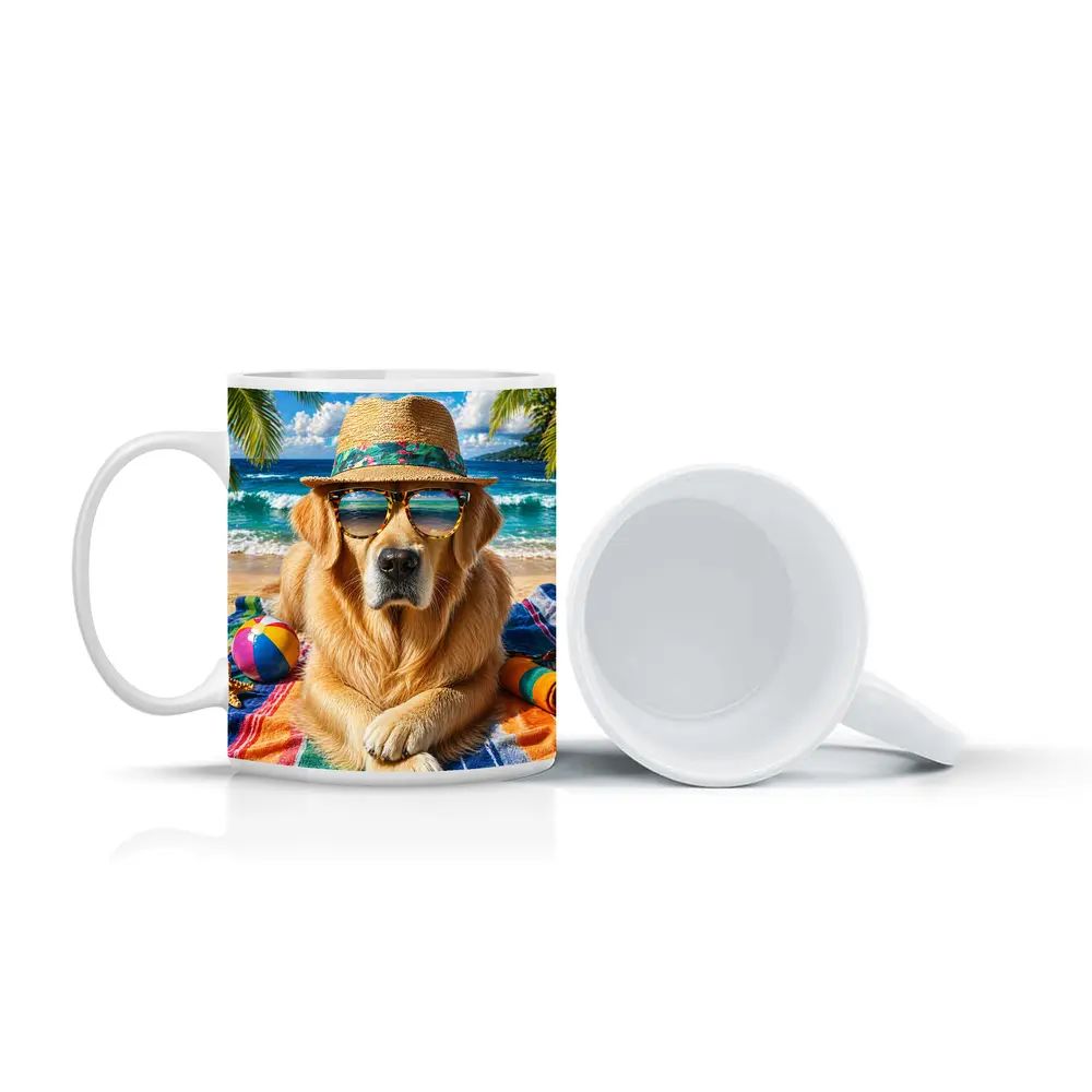 Golden Retriever Wearing Sunglasses on Beach – Mugs