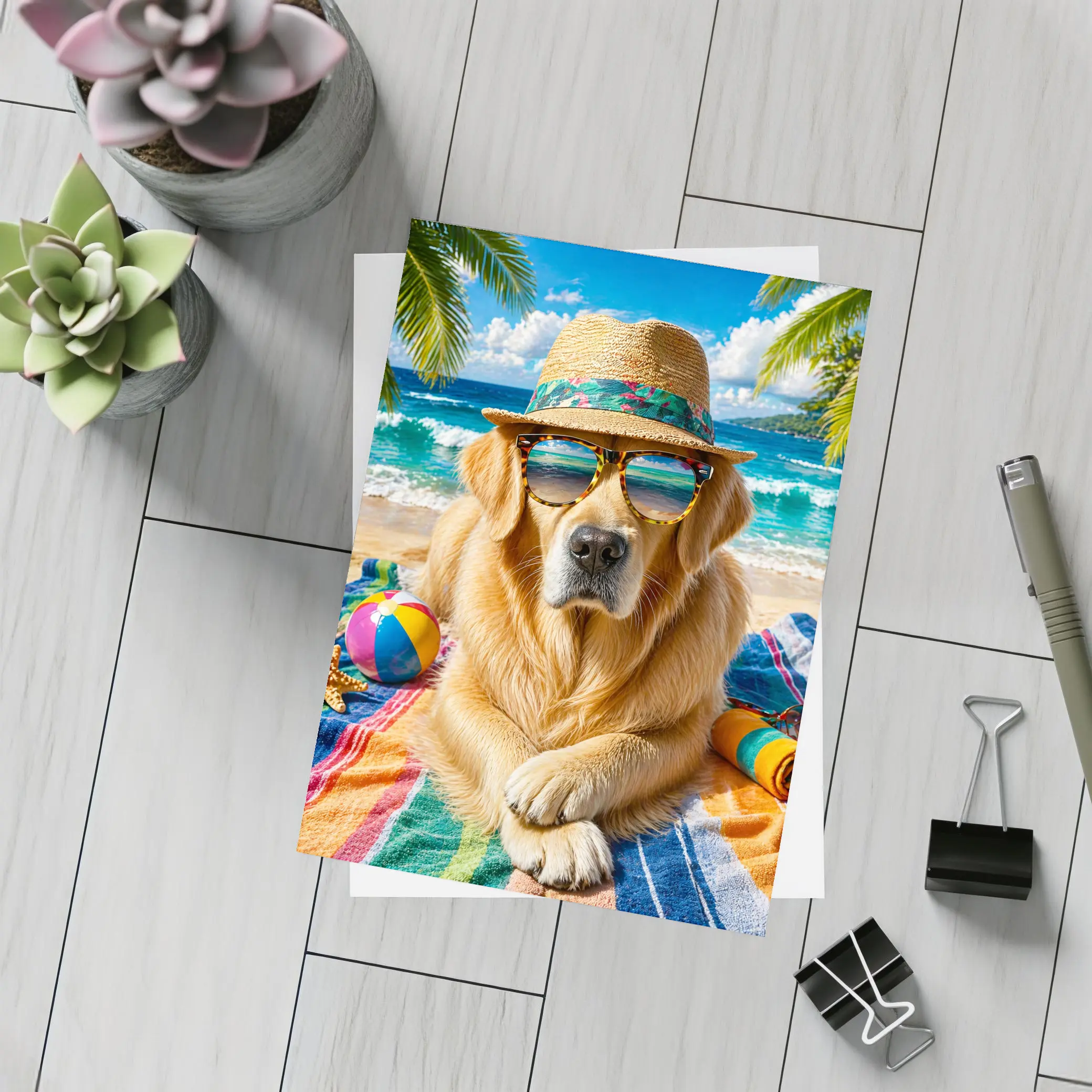 Golden Retriever Wearing Sunglasses on Beach – Postcards