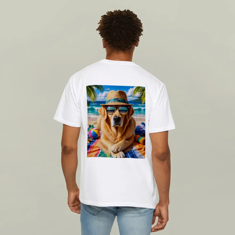 Golden Retriever Wearing Sunglasses on Beach – T-Shirts