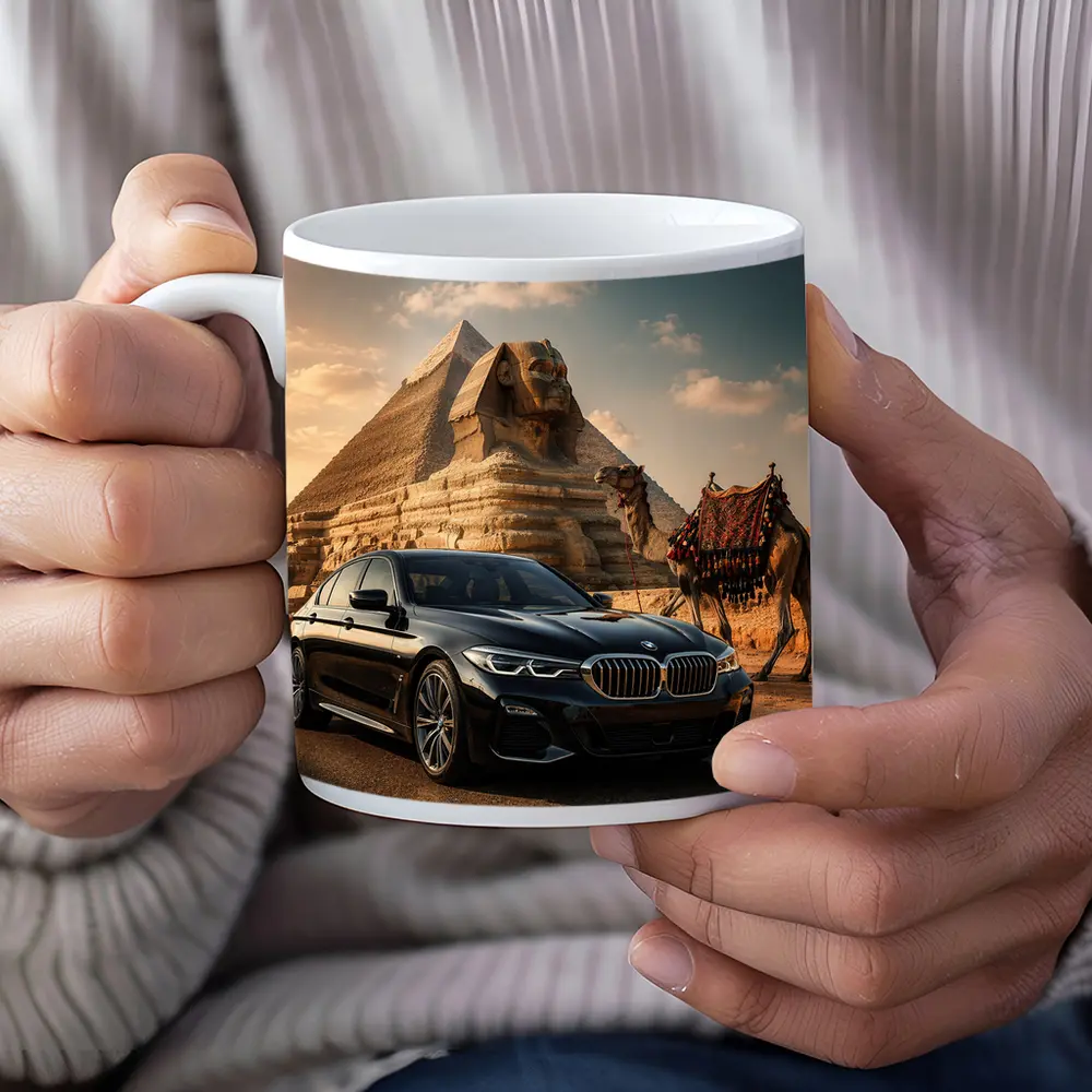 Black BMW Five Series Egypt Sphinx Background – Mugs