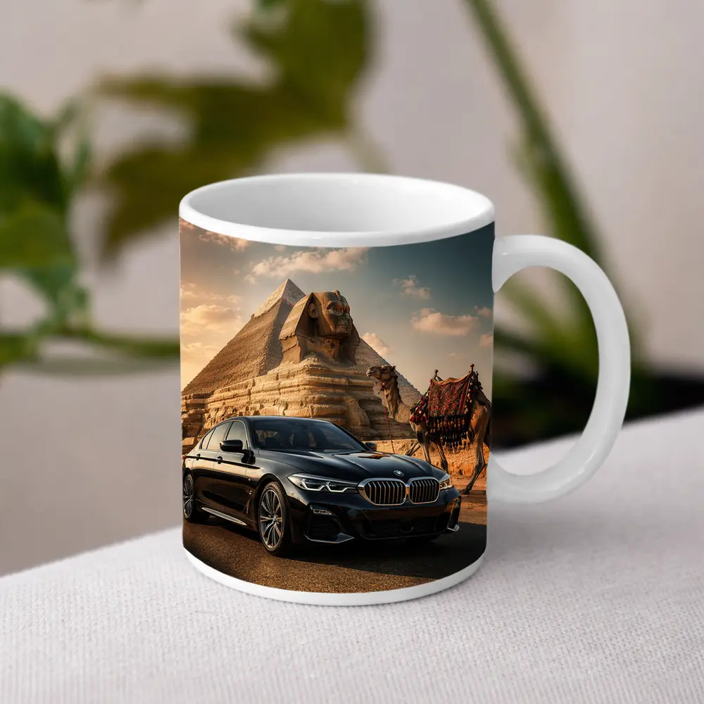 Black BMW Five Series Egypt Sphinx Background – Mugs