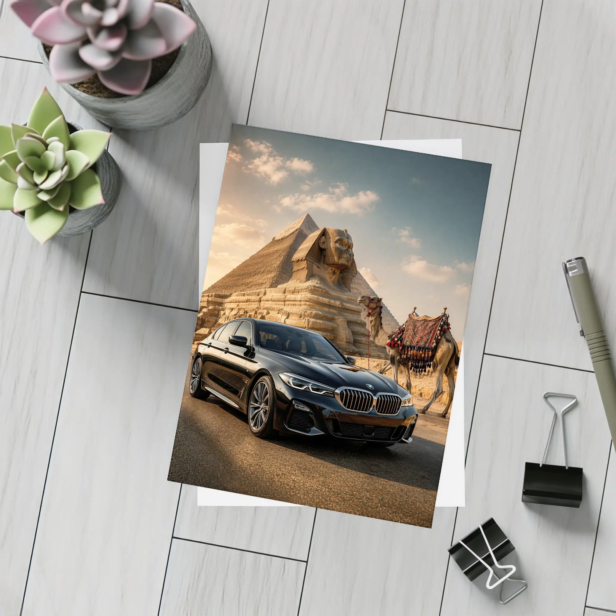 Black BMW Five Series Egypt Sphinx Background – Postcards