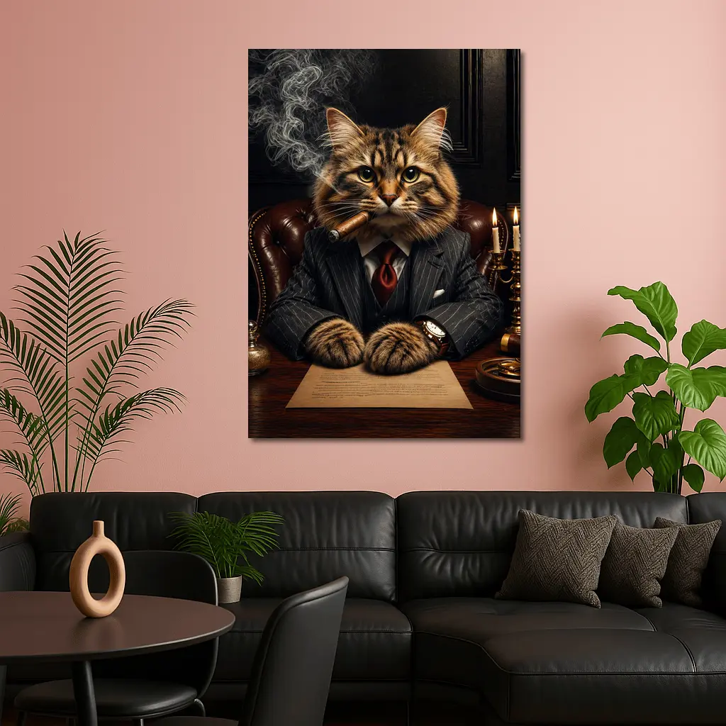 Boss Cat Smoking Cigar Dark Office – Wall Art