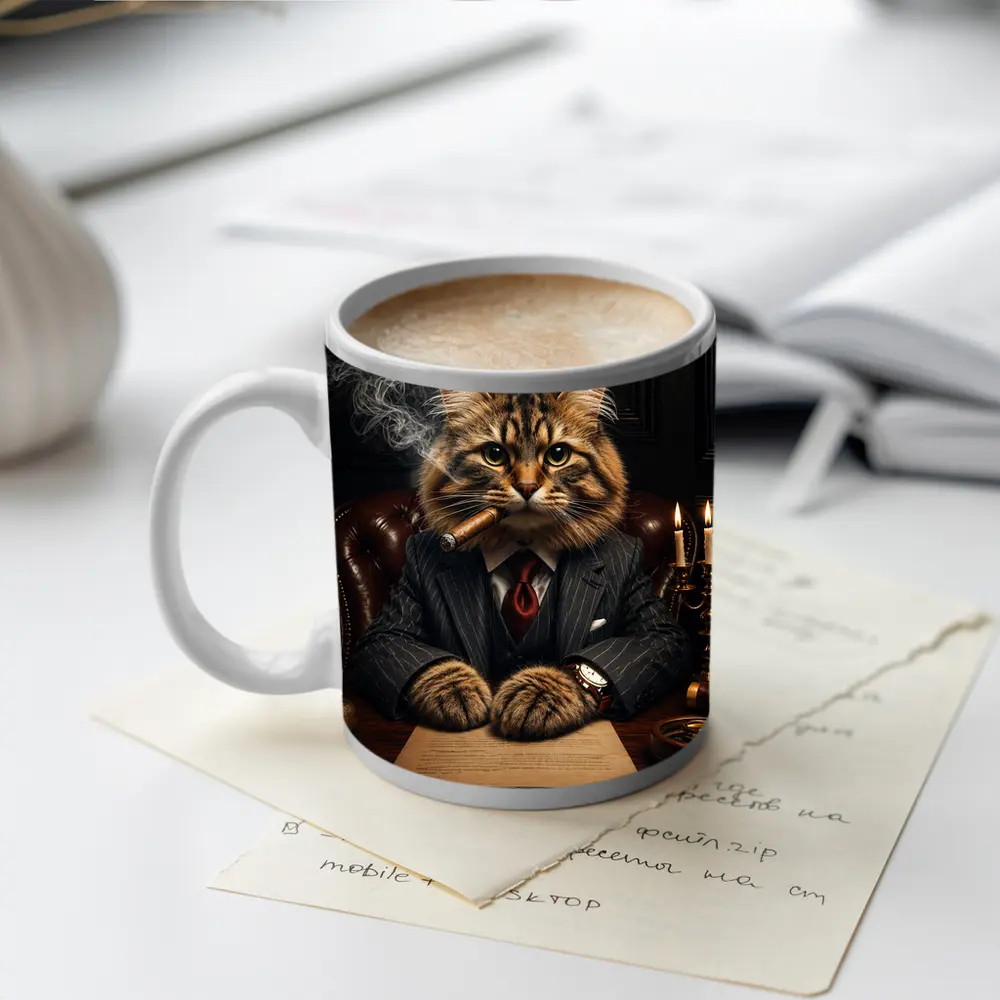Boss Cat Smoking Cigar Dark Office – Mugs