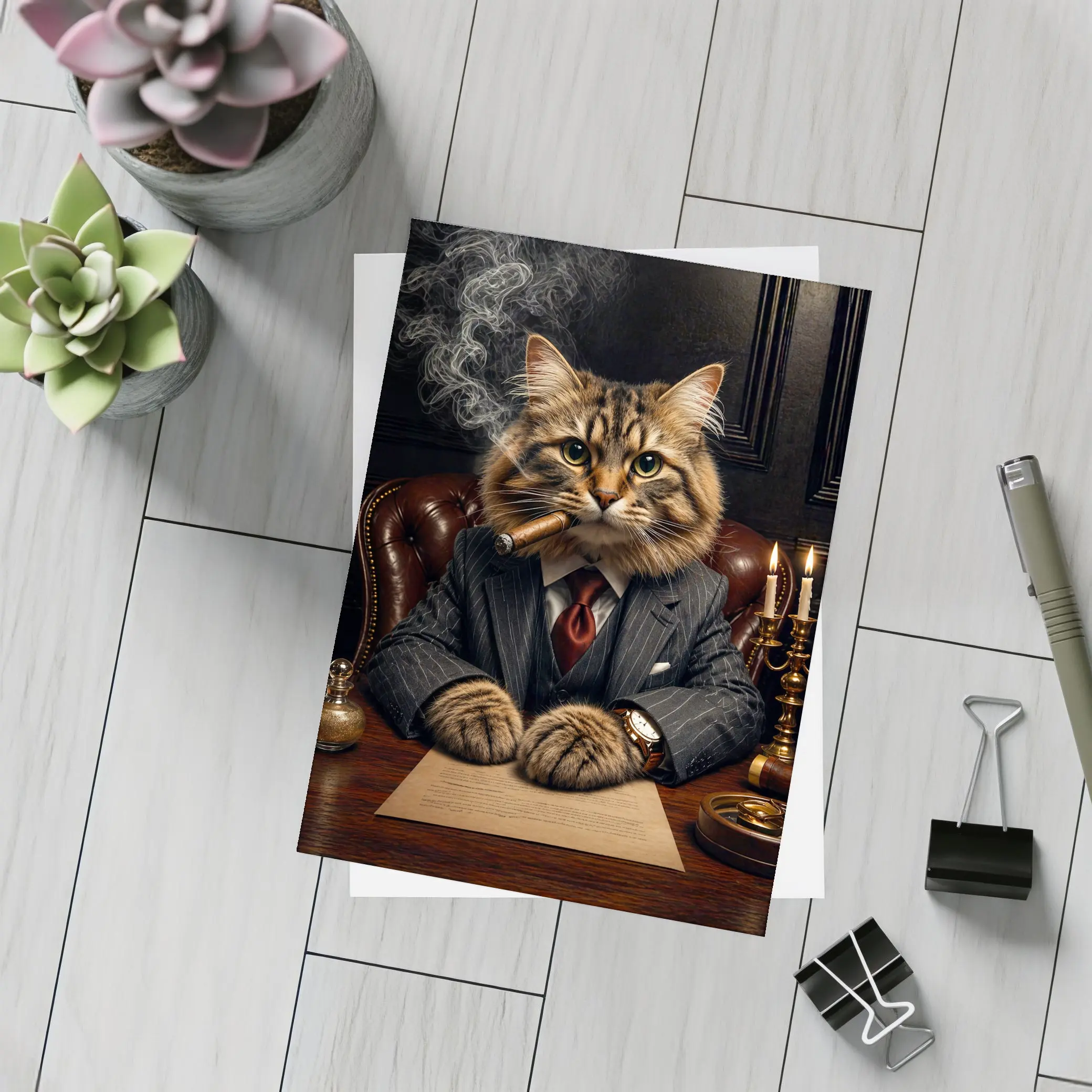 Boss Cat Smoking Cigar Dark Office – Postcards