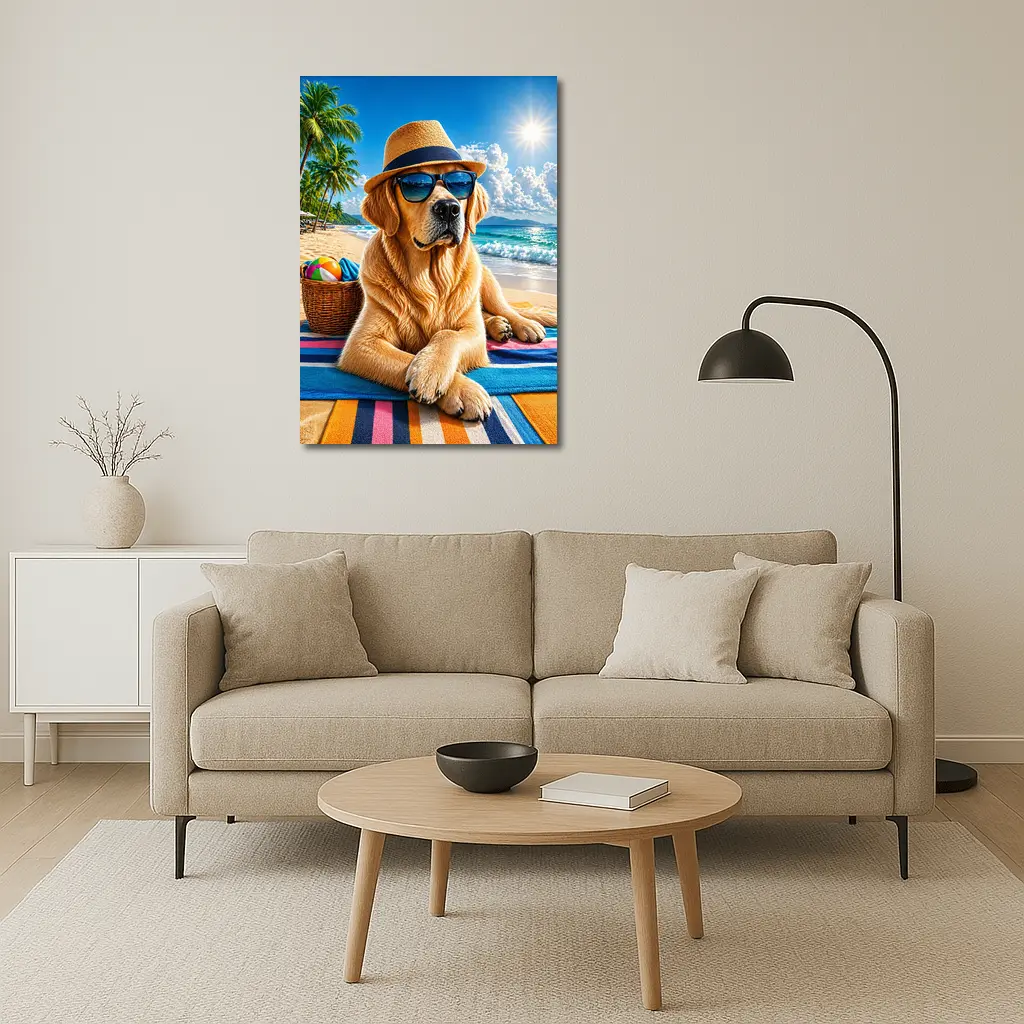 Golden Retriever With Sunglasses On Summer Beach – Wall Art