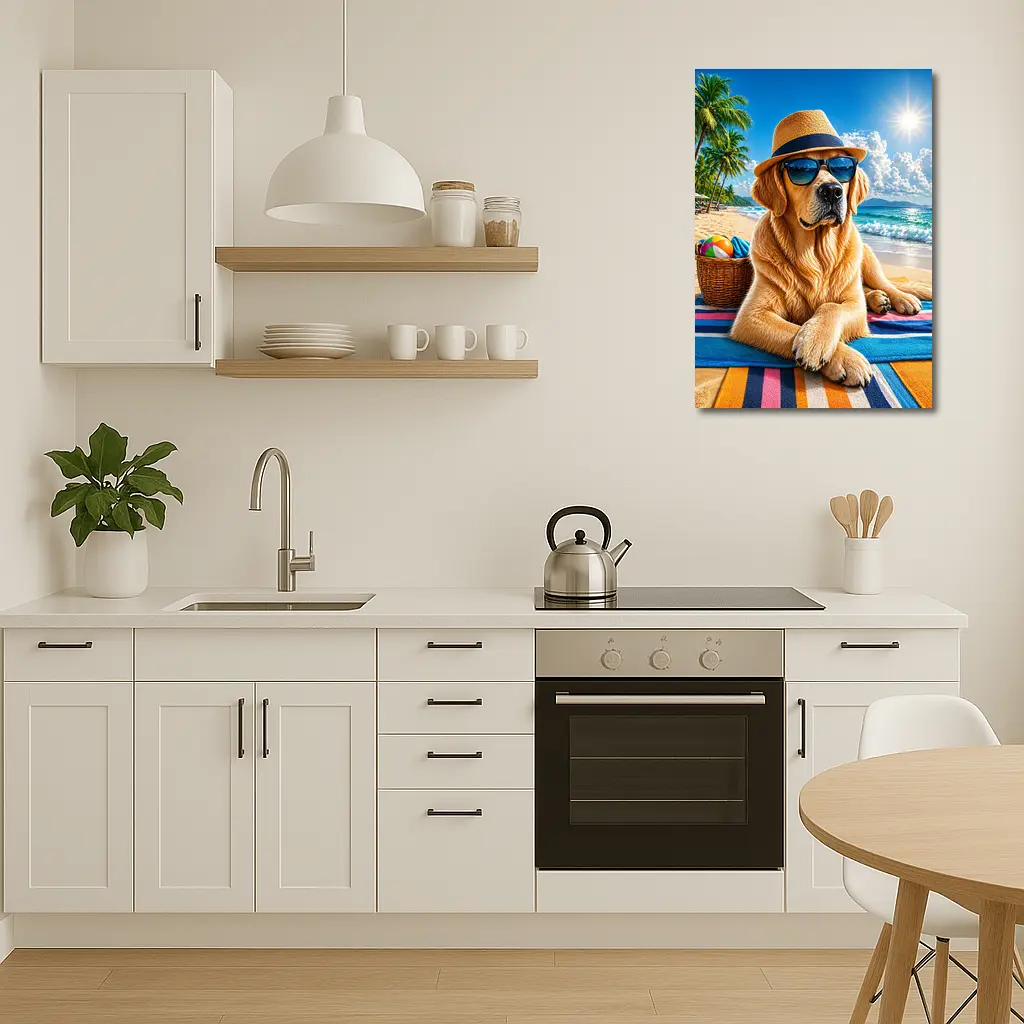 Golden Retriever With Sunglasses On Summer Beach – Wall Art