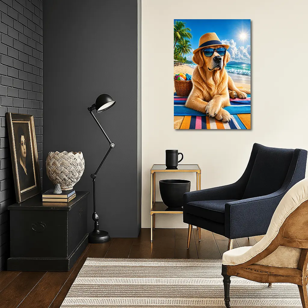 Golden Retriever With Sunglasses On Summer Beach – Wall Art