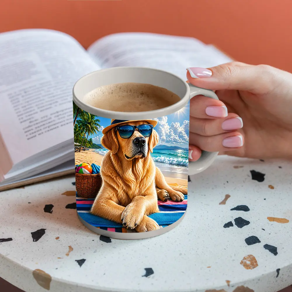 Golden Retriever With Sunglasses On Summer Beach – Mugs