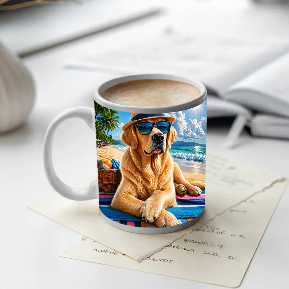 Golden Retriever With Sunglasses On Summer Beach – Mugs