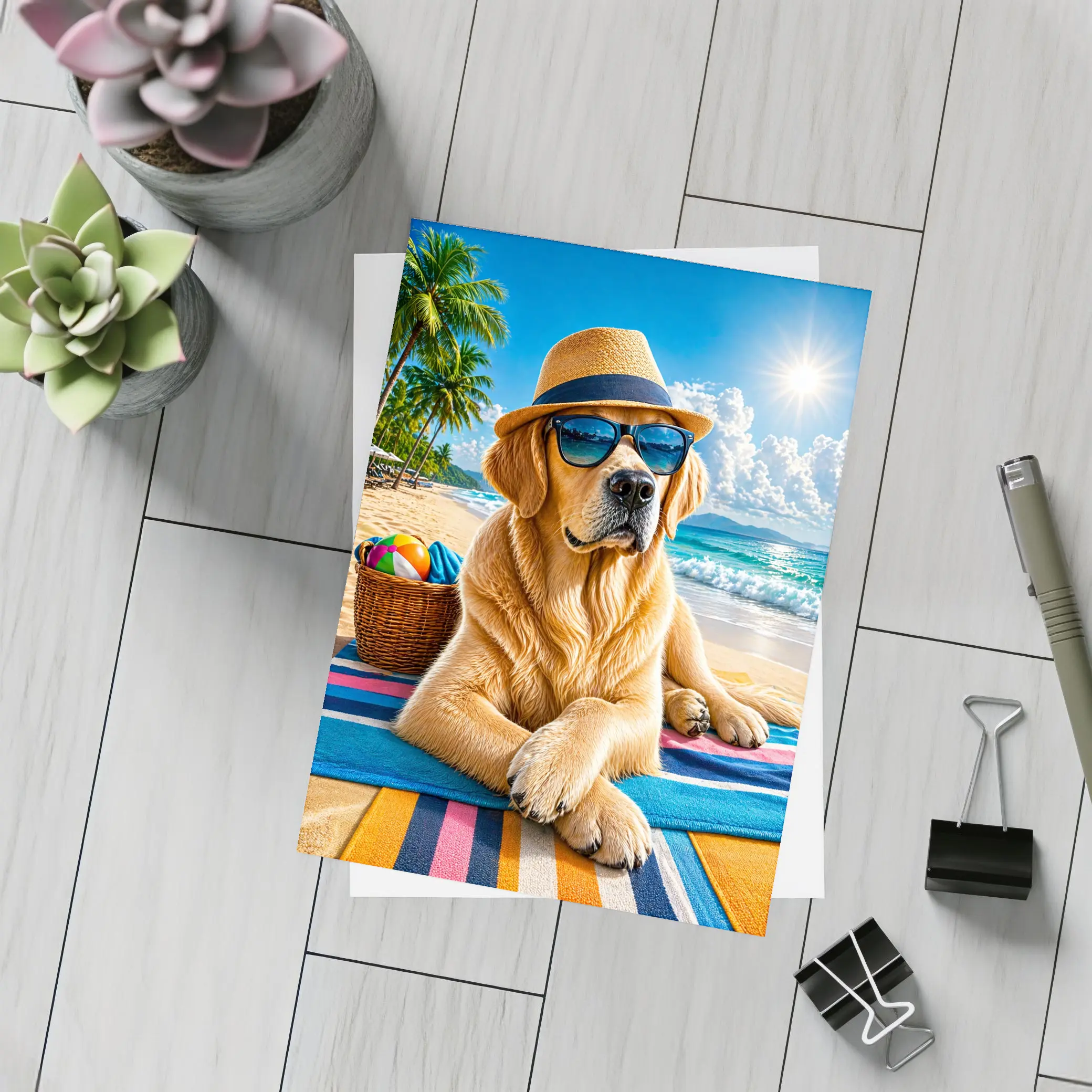 Golden Retriever With Sunglasses On Summer Beach – Postcards