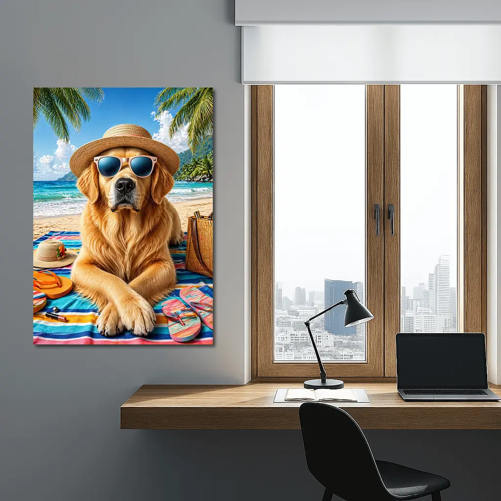 Golden Retriever Relaxing on Sunny Beach – Wall Art