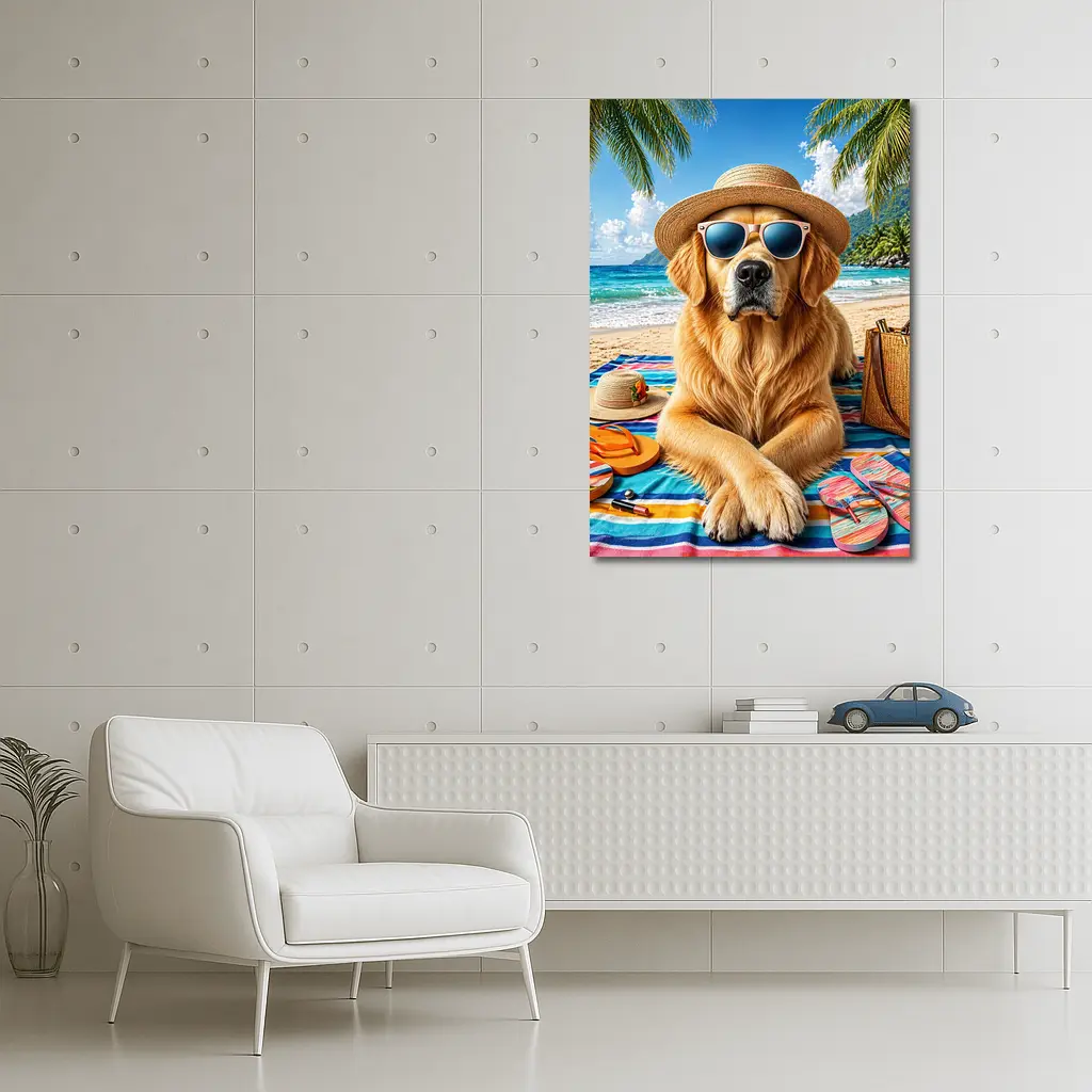 Golden Retriever Relaxing on Sunny Beach – Wall Art