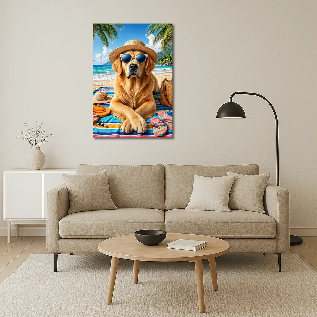 Golden Retriever Relaxing on Sunny Beach – Wall Art