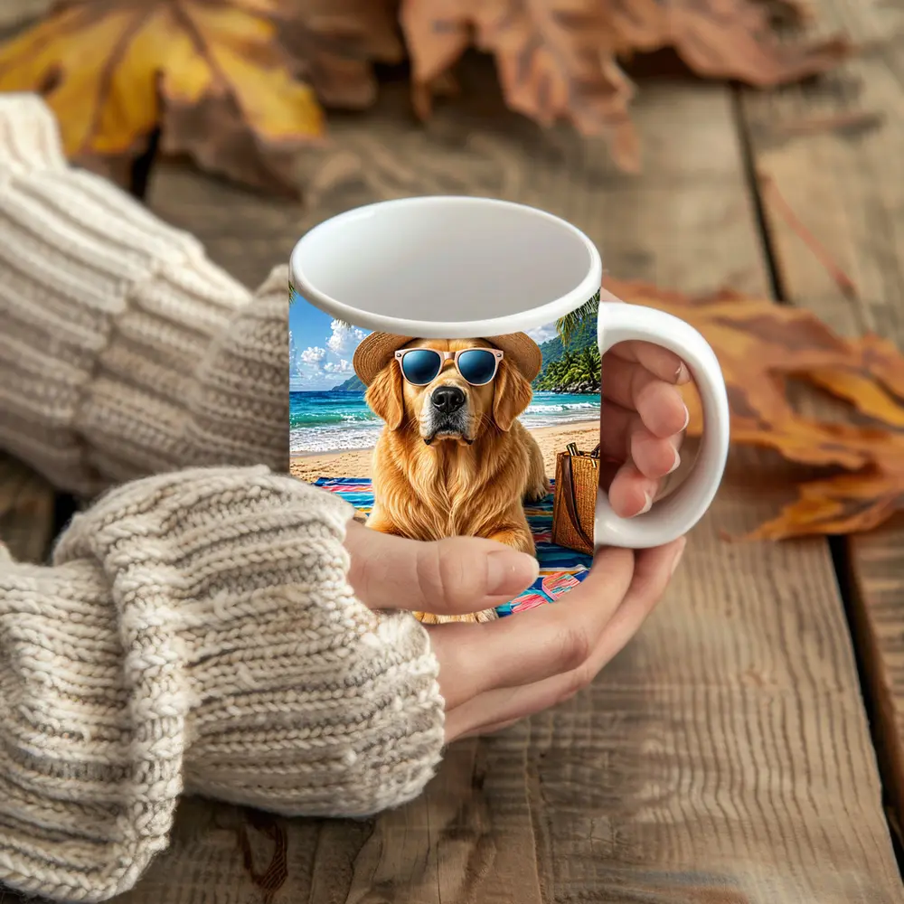 Golden Retriever Relaxing on Sunny Beach – Mugs
