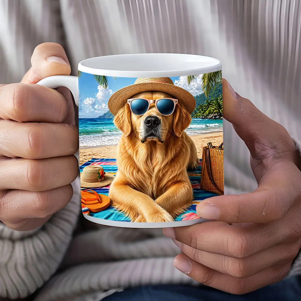 Golden Retriever Relaxing on Sunny Beach – Mugs