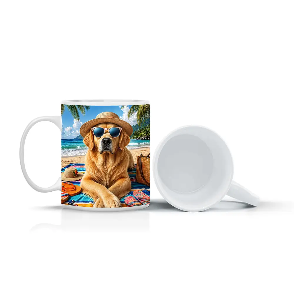 Golden Retriever Relaxing on Sunny Beach – Mugs