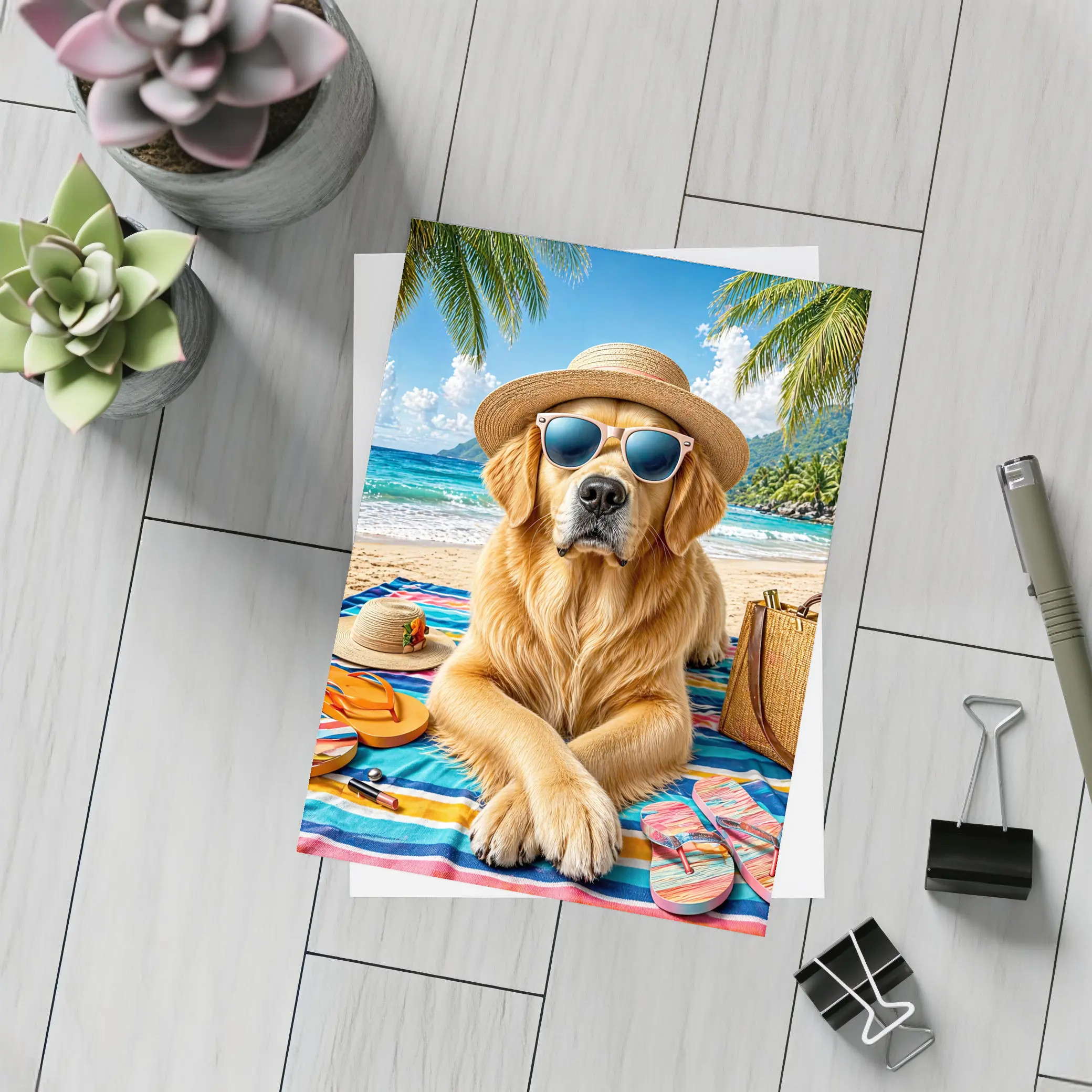 Golden Retriever Relaxing on Sunny Beach – Postcards