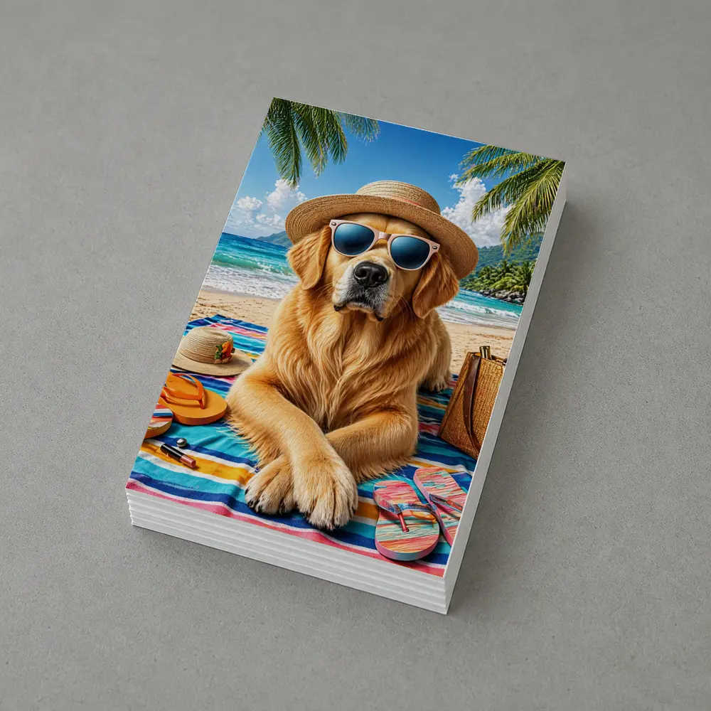 Golden Retriever Relaxing on Sunny Beach – Postcards