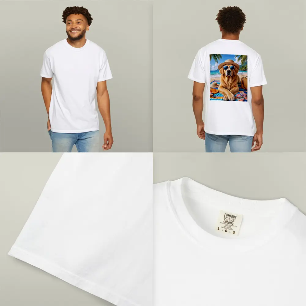 Golden Retriever Relaxing on Sunny Beach – T-Shirts