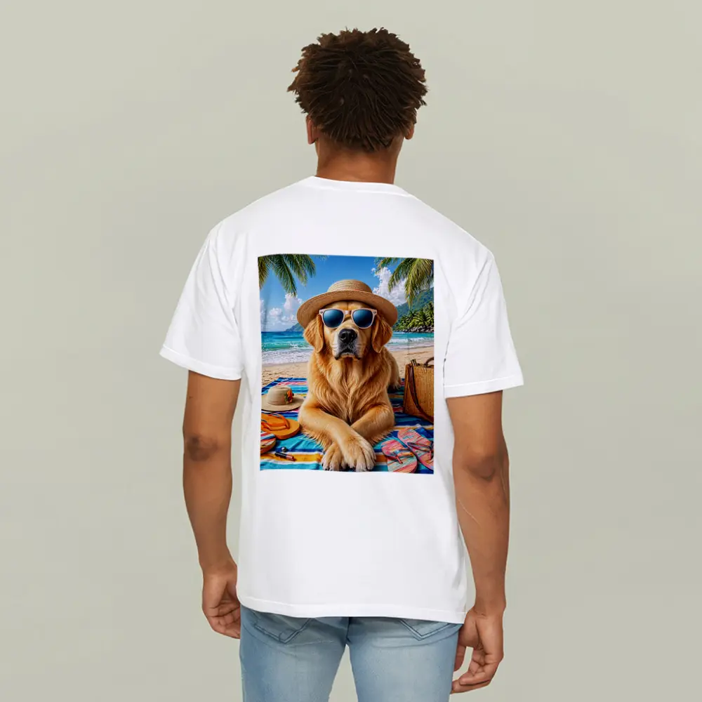 Golden Retriever Relaxing on Sunny Beach – T-Shirts