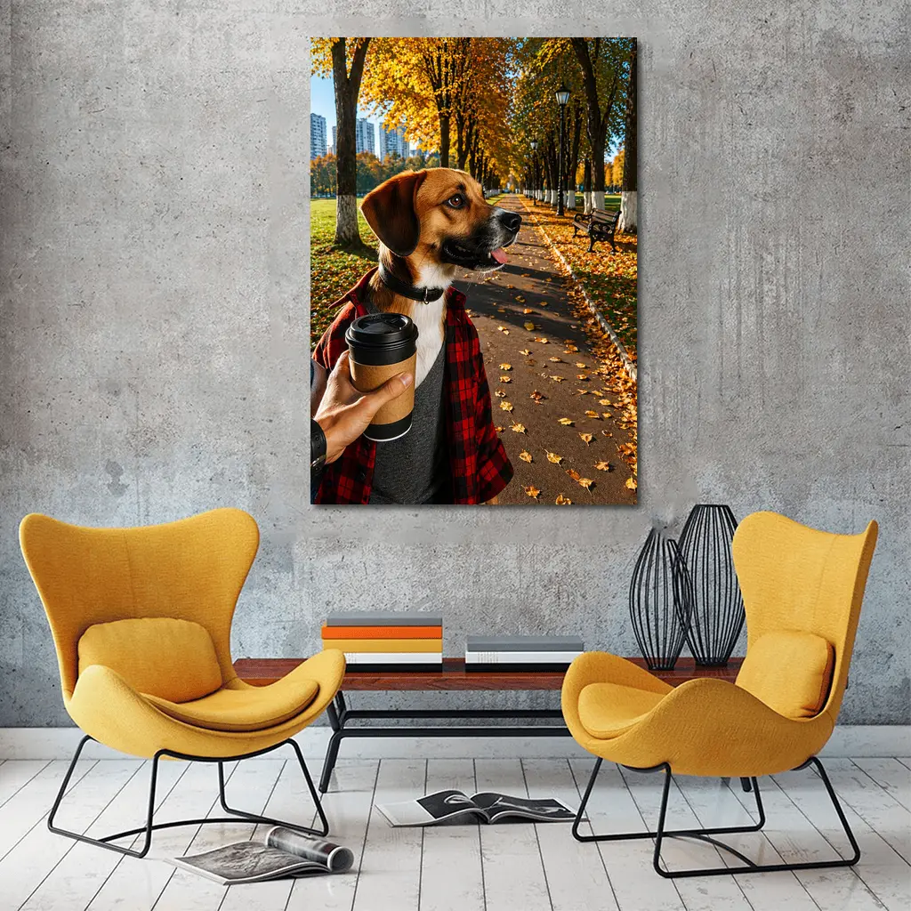 Dog in Autumn Park With Coffee – Wall Art