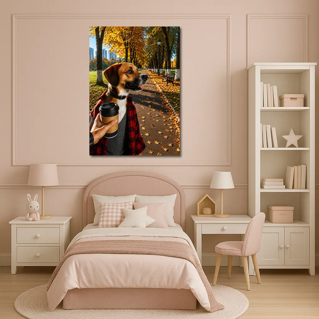 Dog in Autumn Park With Coffee – Wall Art