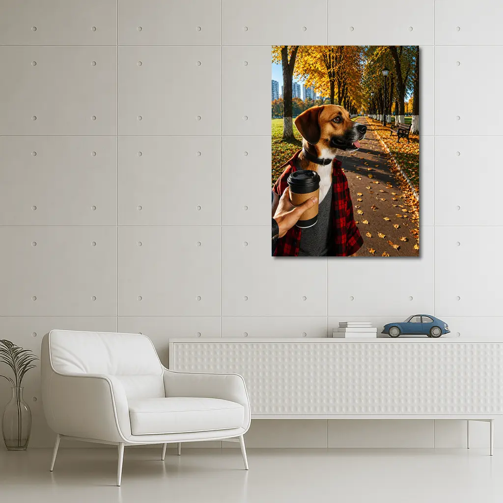 Dog in Autumn Park With Coffee – Wall Art
