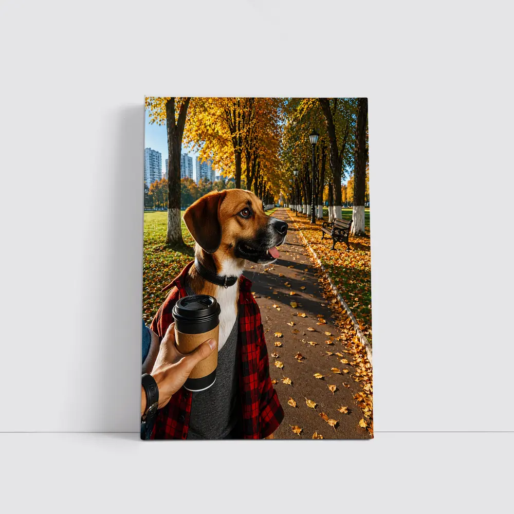 Dog in Autumn Park With Coffee – Wall Art