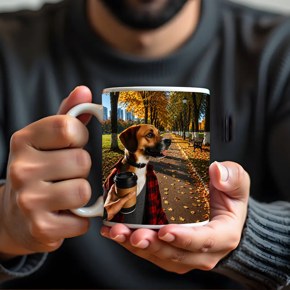 Dog in Autumn Park With Coffee – Mugs