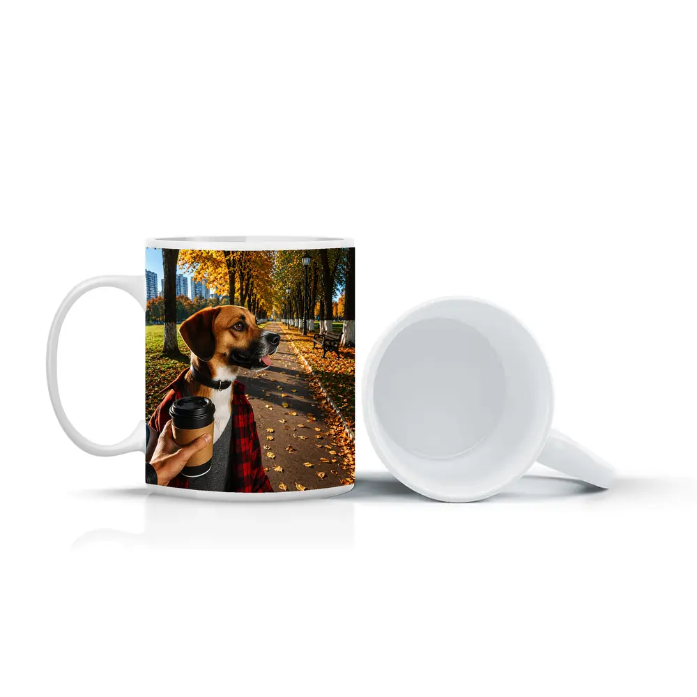 Dog in Autumn Park With Coffee – Mugs
