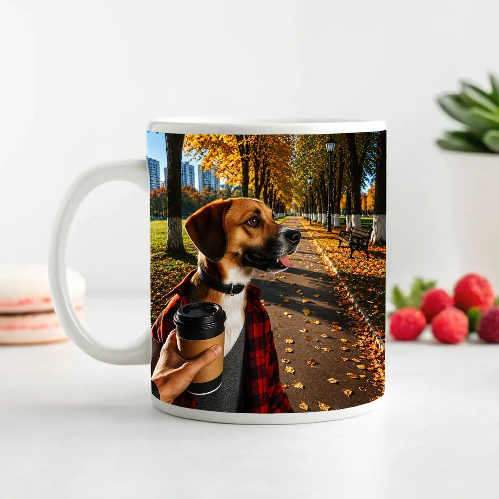 Dog in Autumn Park With Coffee – Mugs