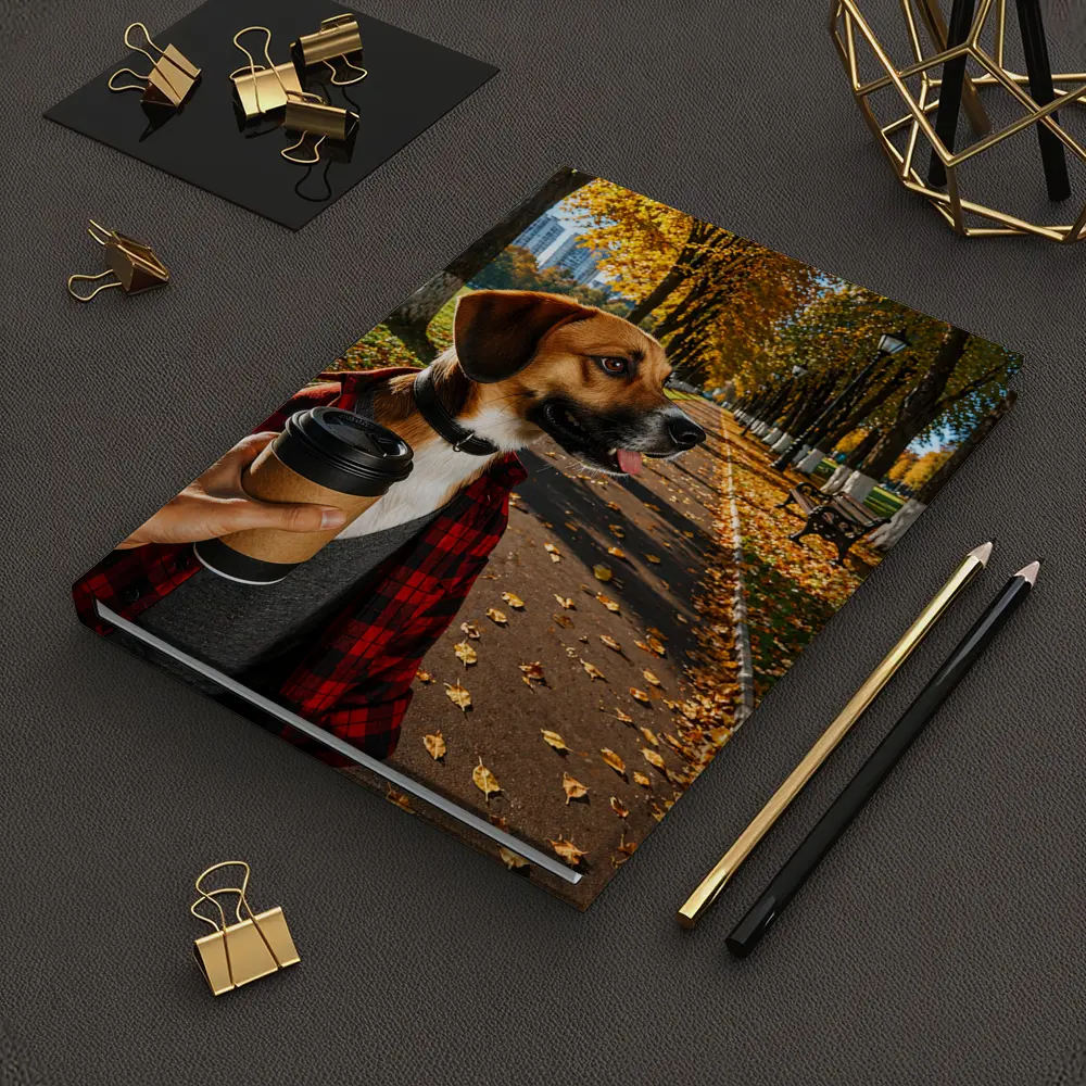 Dog in Autumn Park With Coffee – Notebooks