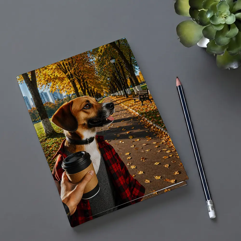 Dog in Autumn Park With Coffee – Notebooks