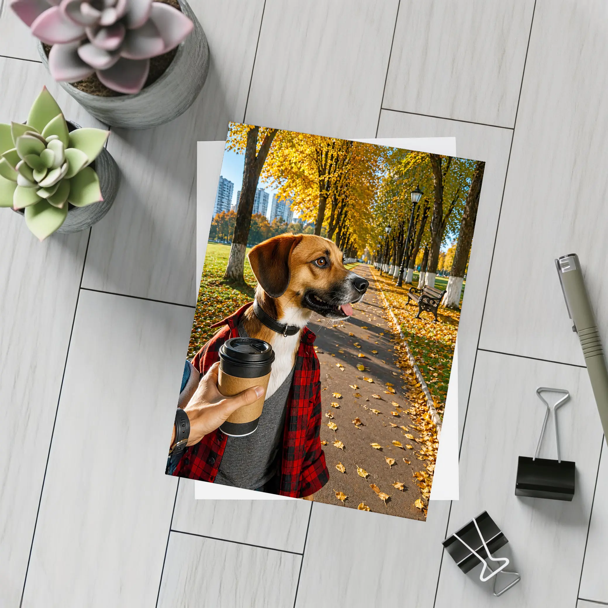 Dog in Autumn Park With Coffee – Postcards