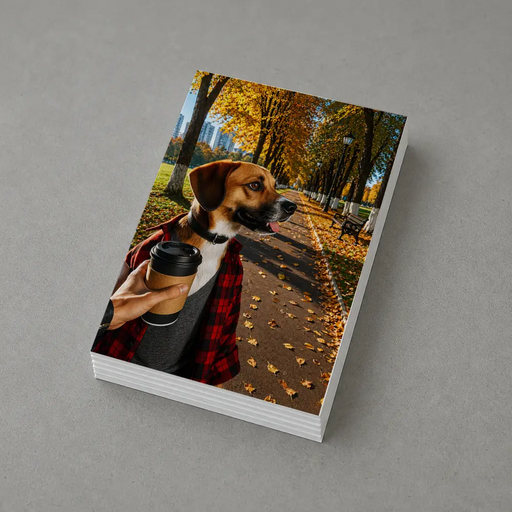 Dog in Autumn Park With Coffee – Postcards