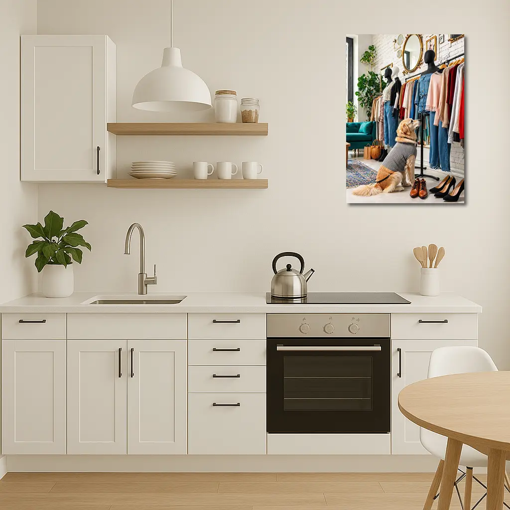 Golden Retriever Dog in Fashion Boutique – Wall Art