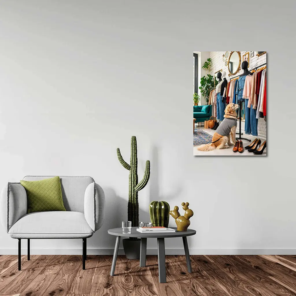 Golden Retriever Dog in Fashion Boutique – Wall Art