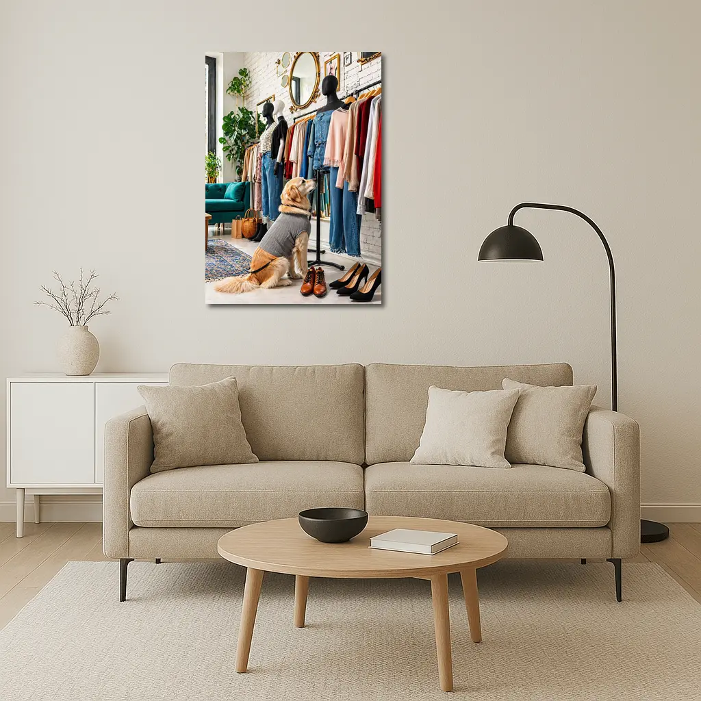 Golden Retriever Dog in Fashion Boutique – Wall Art