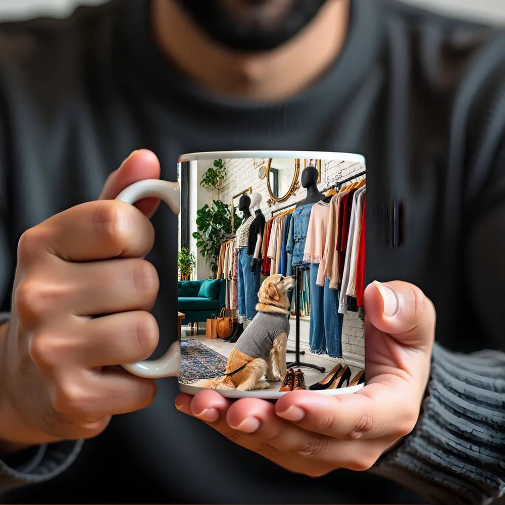 Golden Retriever Dog in Fashion Boutique – Mugs