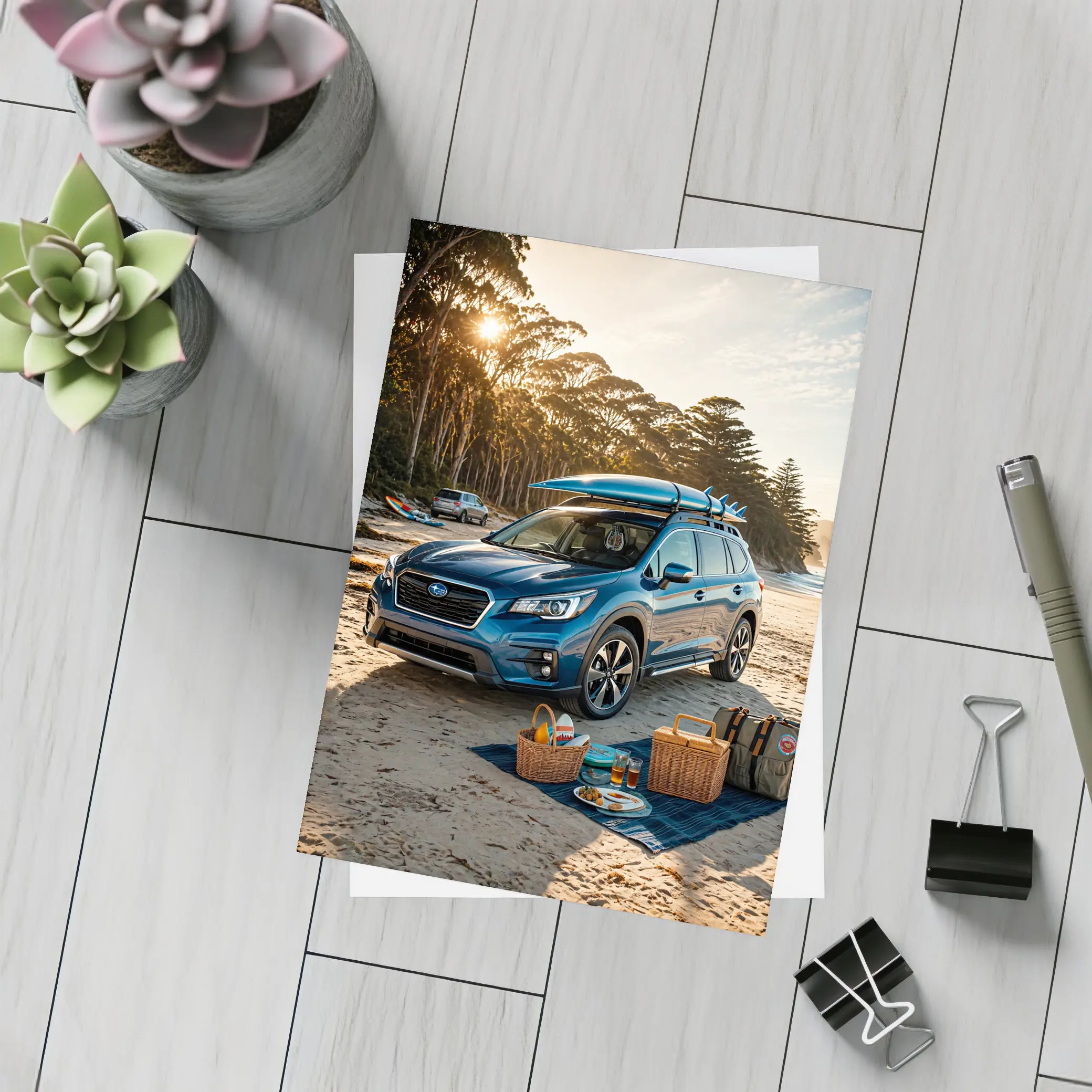 Subaru Ascent Blue SUV Beach Picnic Scene – Postcards
