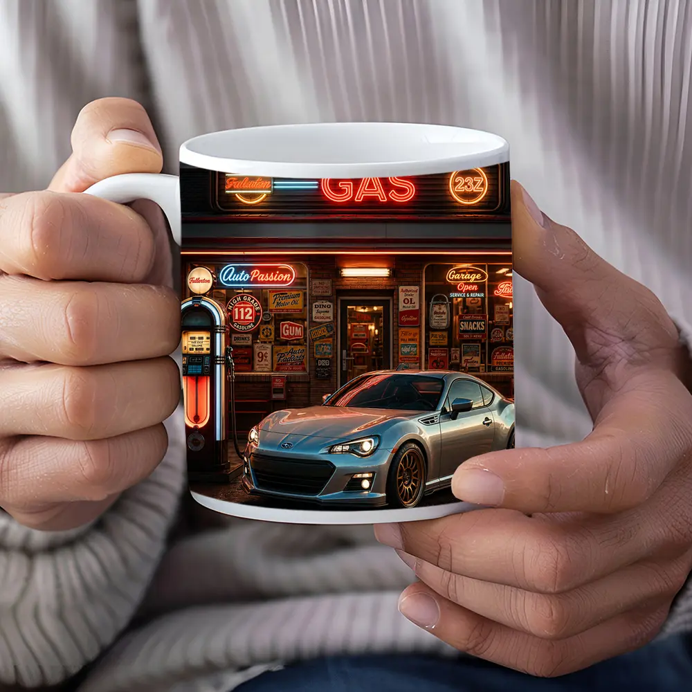 Subaru BRZ Retro Neon Gas Station Night – Mugs