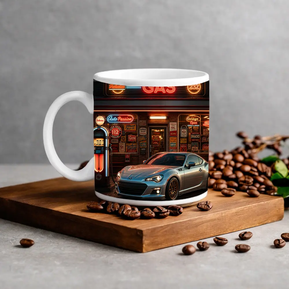 Subaru BRZ Retro Neon Gas Station Night – Mugs