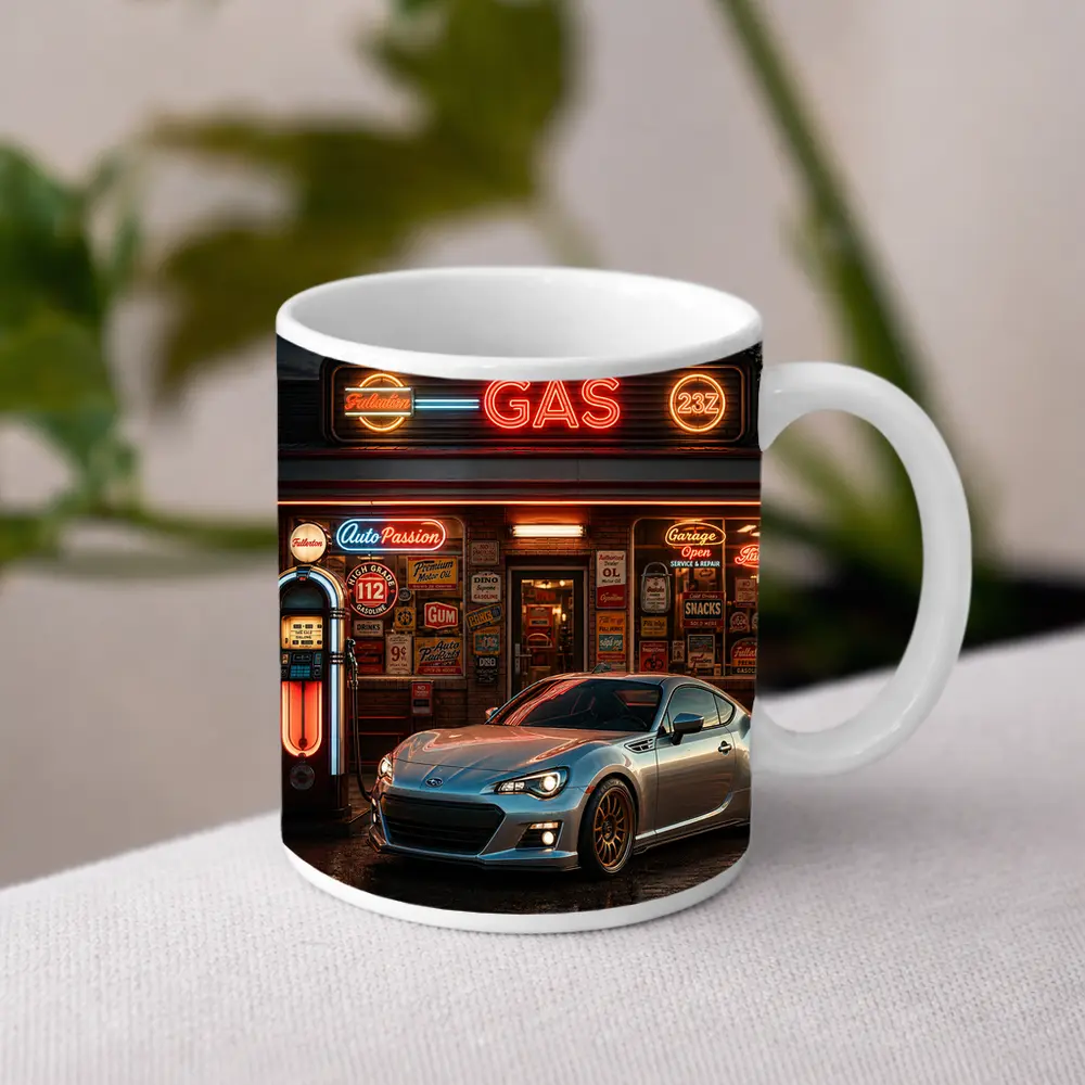 Subaru BRZ Retro Neon Gas Station Night – Mugs
