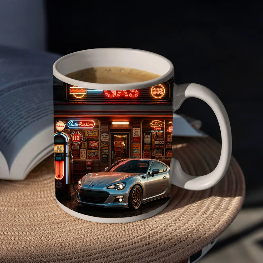 Subaru BRZ Retro Neon Gas Station Night – Mugs