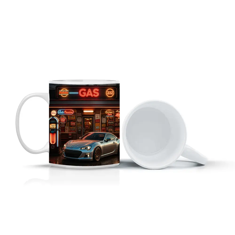 Subaru BRZ Retro Neon Gas Station Night – Mugs