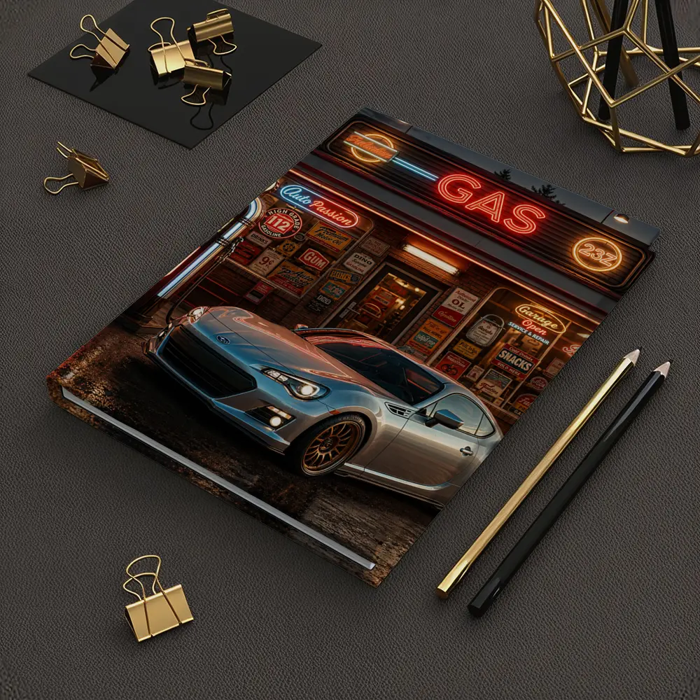 Subaru BRZ Retro Neon Gas Station Night – Notebooks