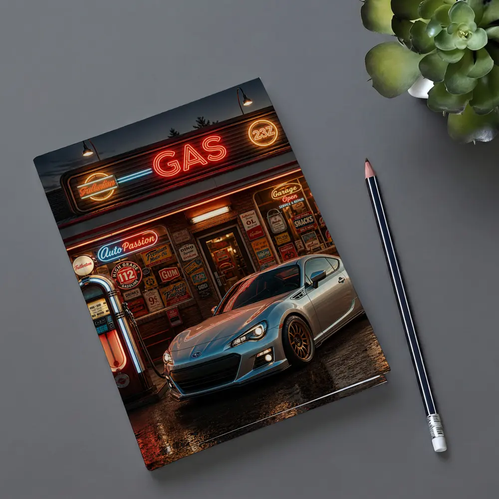 Subaru BRZ Retro Neon Gas Station Night – Notebooks